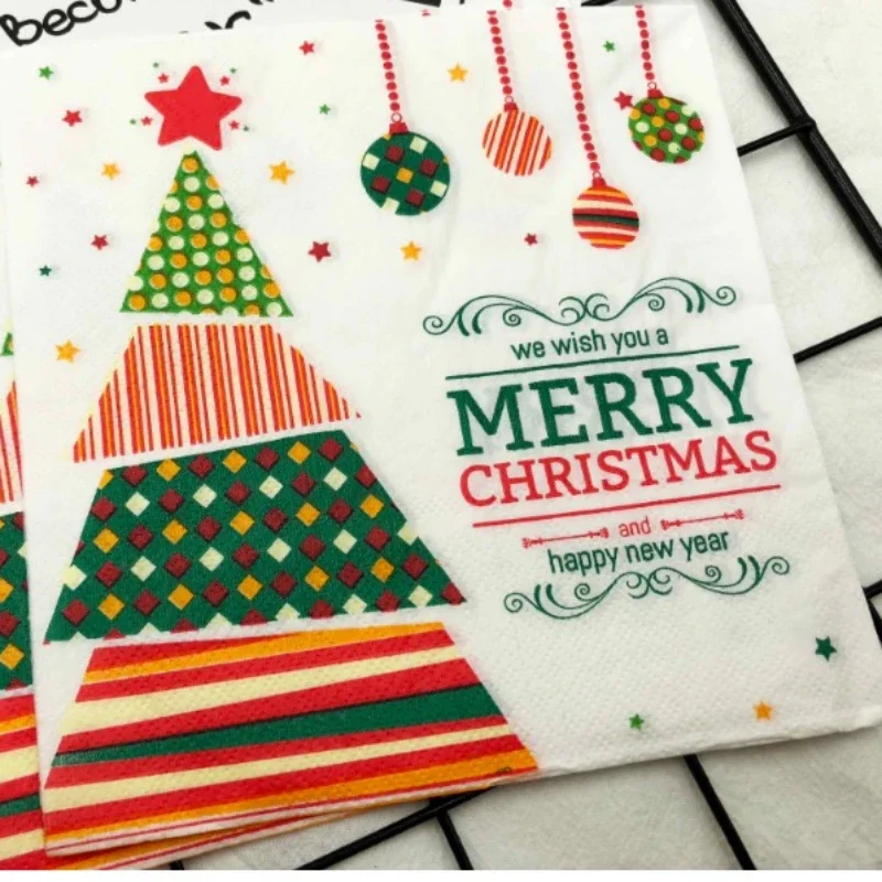 New Christmas Tree Colorful Printed Napkins Square Paper Napkins Restaurant Cafe Folded Facial Tissue 2 Ply 33*33cm Food Grade