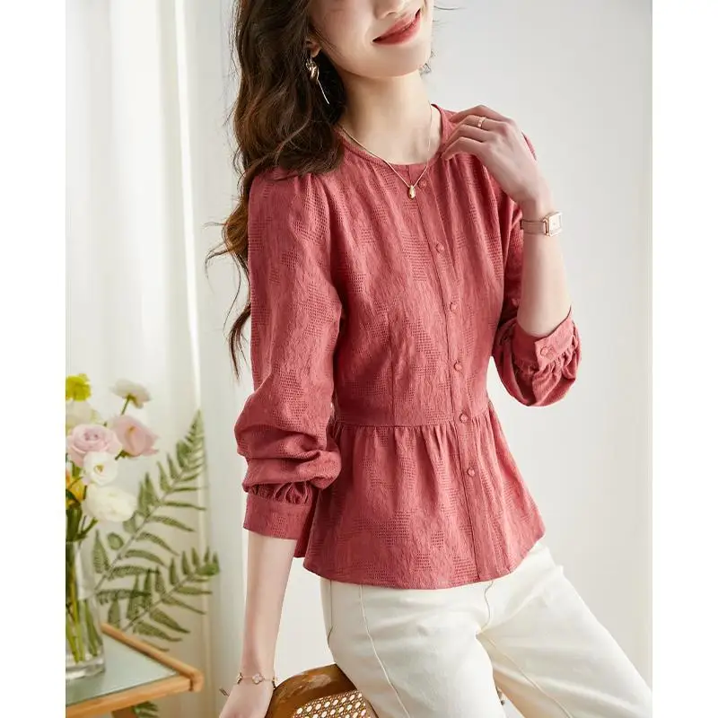 Spring Summer Clothes Vintage Crew Neck Patchwork Button Women Blouse Simplicity Solid Color Long Sleeve Waist Retraction Shirt