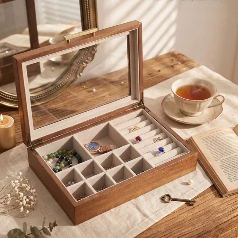 Solid Wood Jewelry Storage Box Transparent Cover Rings Storage Organizer Linen Lining Earrings Case Flip-top Bracelet Container