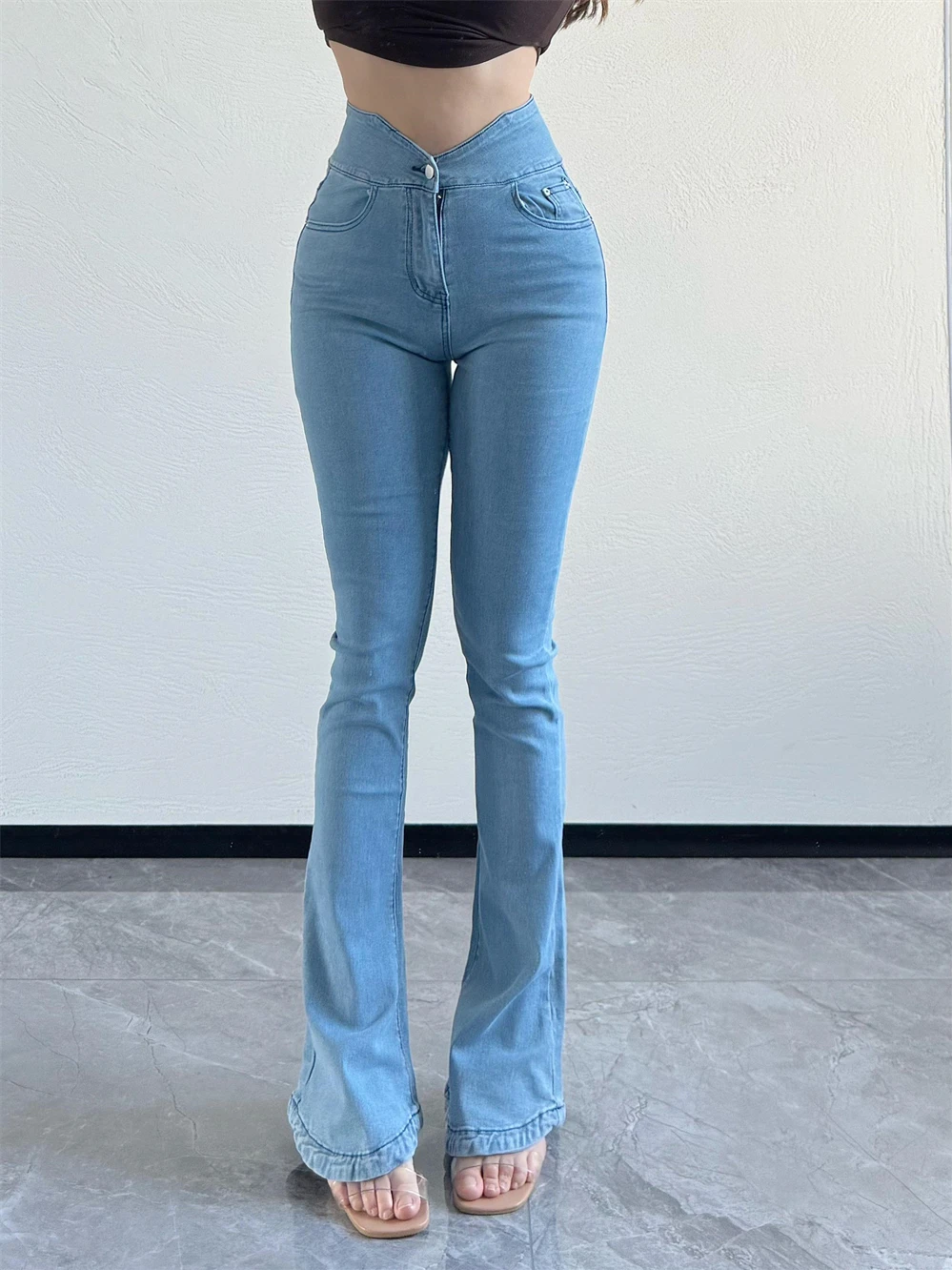 

Waisted V-shaped High Tight Fitting Liftting Buttocks Denim Bell Bottom Pants Women's Summer Light Blue Thin Long Pants 52D6