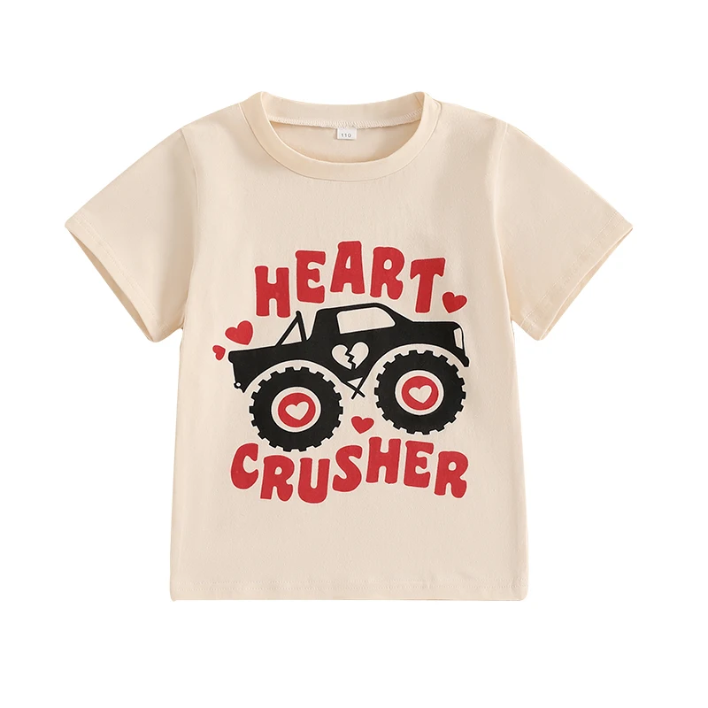 Toddler Boy Valentine s Day T-Shirt Letter Truck Print Short Sleeve Round Neck Graphic Tops