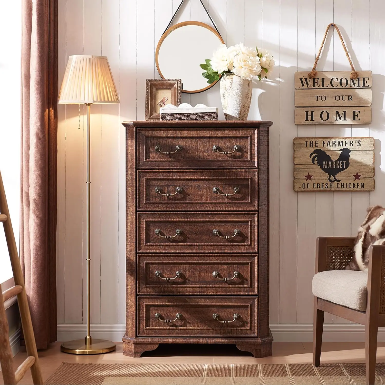 Farmhouse 5 gavetas Dresser, Storage Dressers Organizer, 48 "Tall Wood Rustic peito de gavetas com textura natural