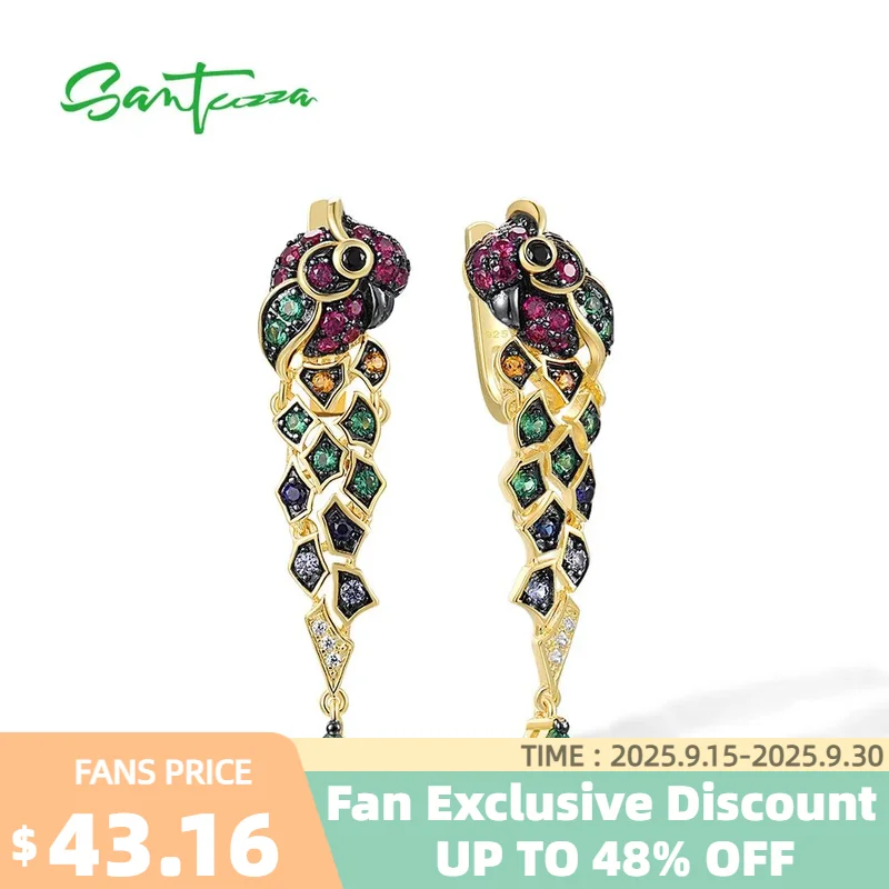 

SANTUZZA Pure 925 Sterling Silver Drop Earrings For Women Gold Color Green Spinel Colorful Parrot Bird Wild Animals Fine Jewelry