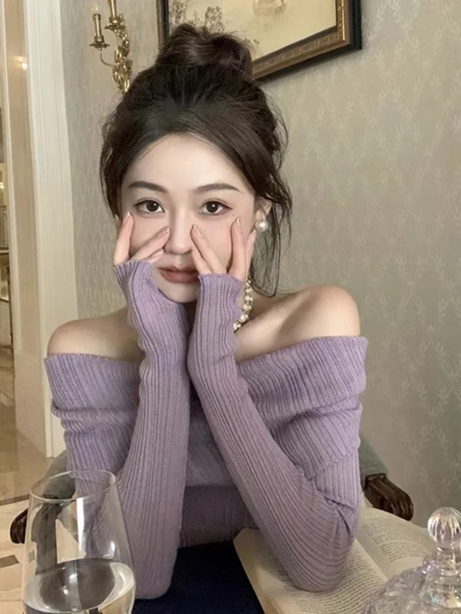 Purple Shoulder Bared Knitted Sweater Women's Slim Fit Fashionable Korean Style Long Sleeve Office Wear Pure Color Base Shirt