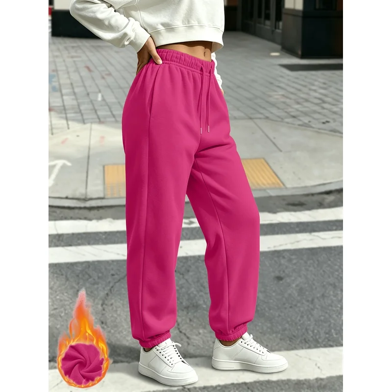 Autumn Winter New Fashion Casual Solid Color Women'S Long Pants, with Drawstring And Pockets, Thickened And Fleece-Lined