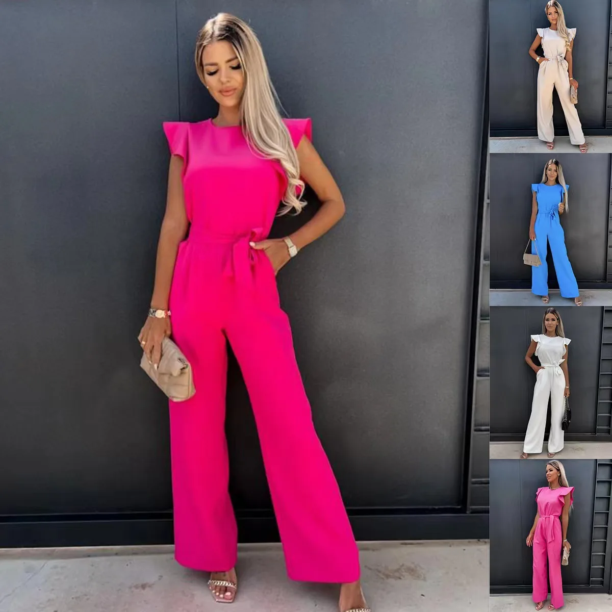 Jumpsuits Women One Piece Straight Pants Round Collar Flying Sleeve Stretch Lace Up Tight Waist Trousers 2025 Summer Office Lady