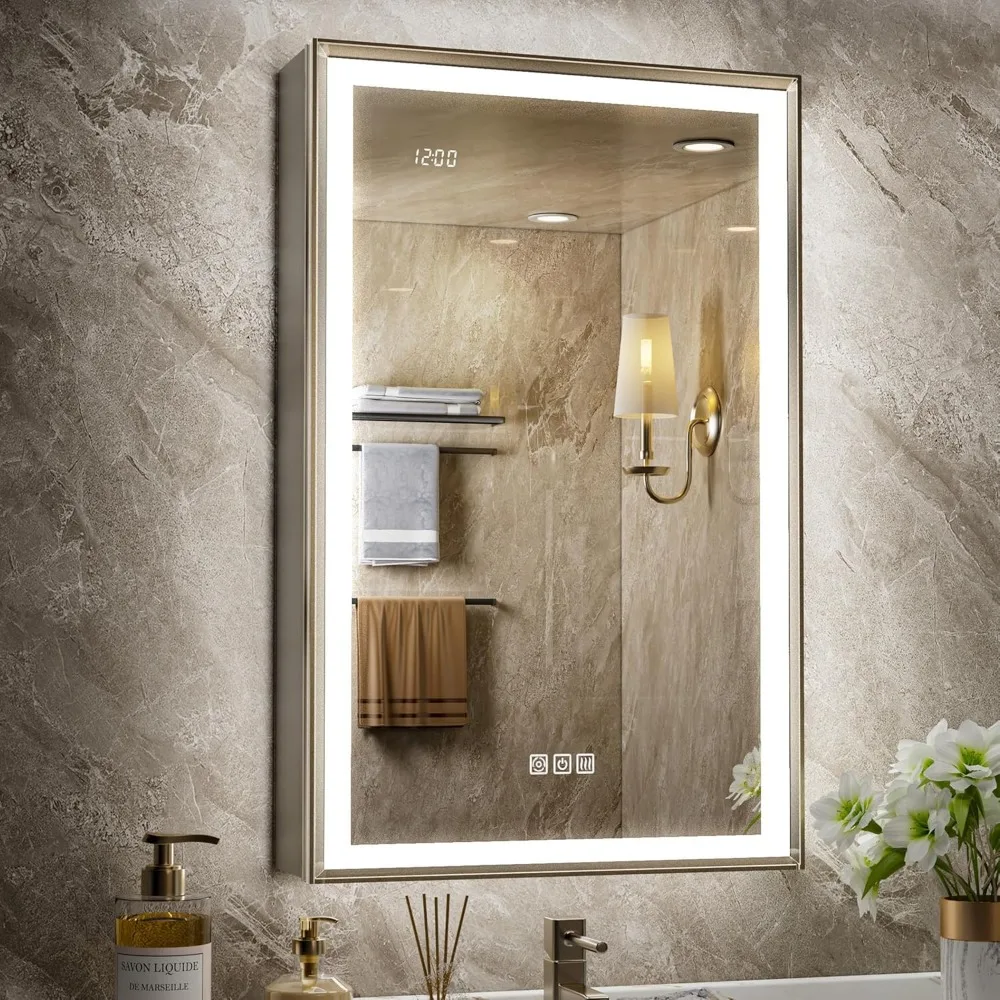 

20x32 Lighted Medicine Cabinet, Beveled Brushed Nickel Framed Surface or Recessed Fogless Dimmable LED Medicine Cabinet with Mir