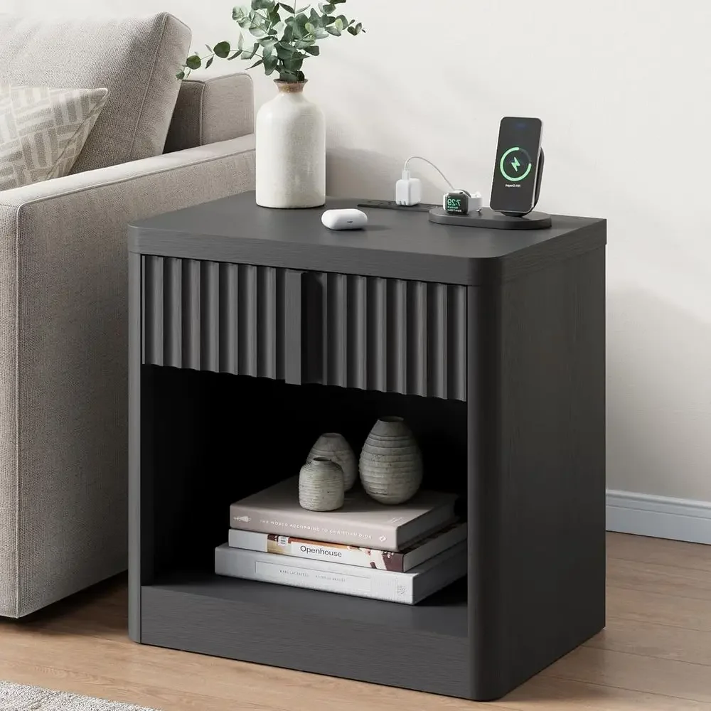 

luted Nightstand with Charging Station, 23.6" End Table with Solid Wood Handle, Curved Proile Design, Century en Bede Table or B