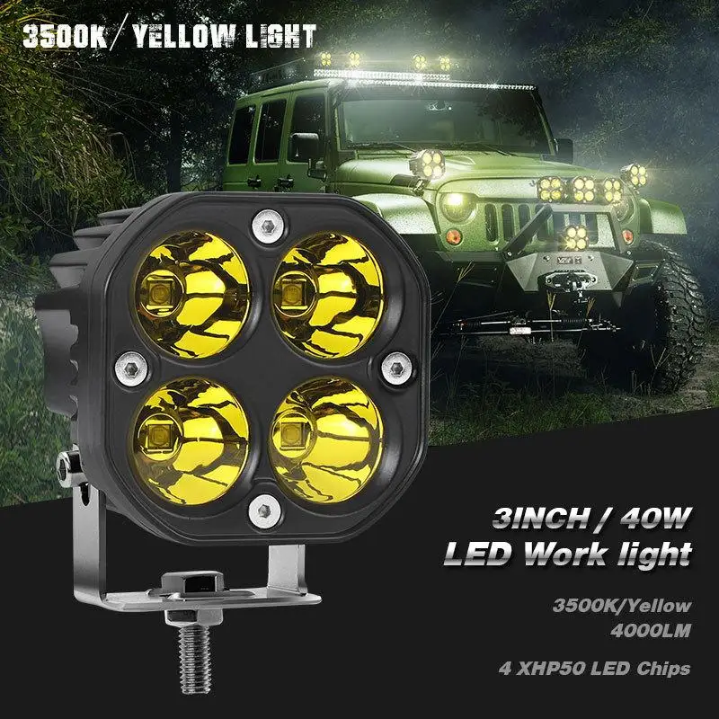 3 Inch 40W LED 4x4 Work Light 6000K White Yellow Spot Beam Lightings Waterproof Working Lamp For Car Motocycle Truck Universal