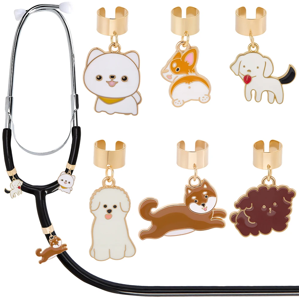 6Pcs 6 Styles Dog Stethoscope Charm Stethoscope Accessories Small Alloy Enamel Puppy Animal Cute Pendant Name ID Tag Decoration