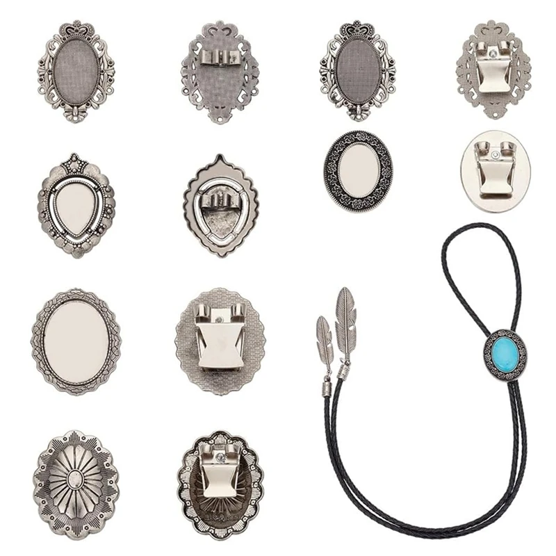 

6Pcs Bolo Tie Buckles, 6 Styles Silver Alloy Bolo Tie Slider Buckle Cabochon Set Bolo Tie Slider For Bolo Tie Making