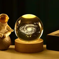 Crystal Ball with Light Base Emitting 3D Internal Carved Night Light Tabletop Decoration with Warm White Light