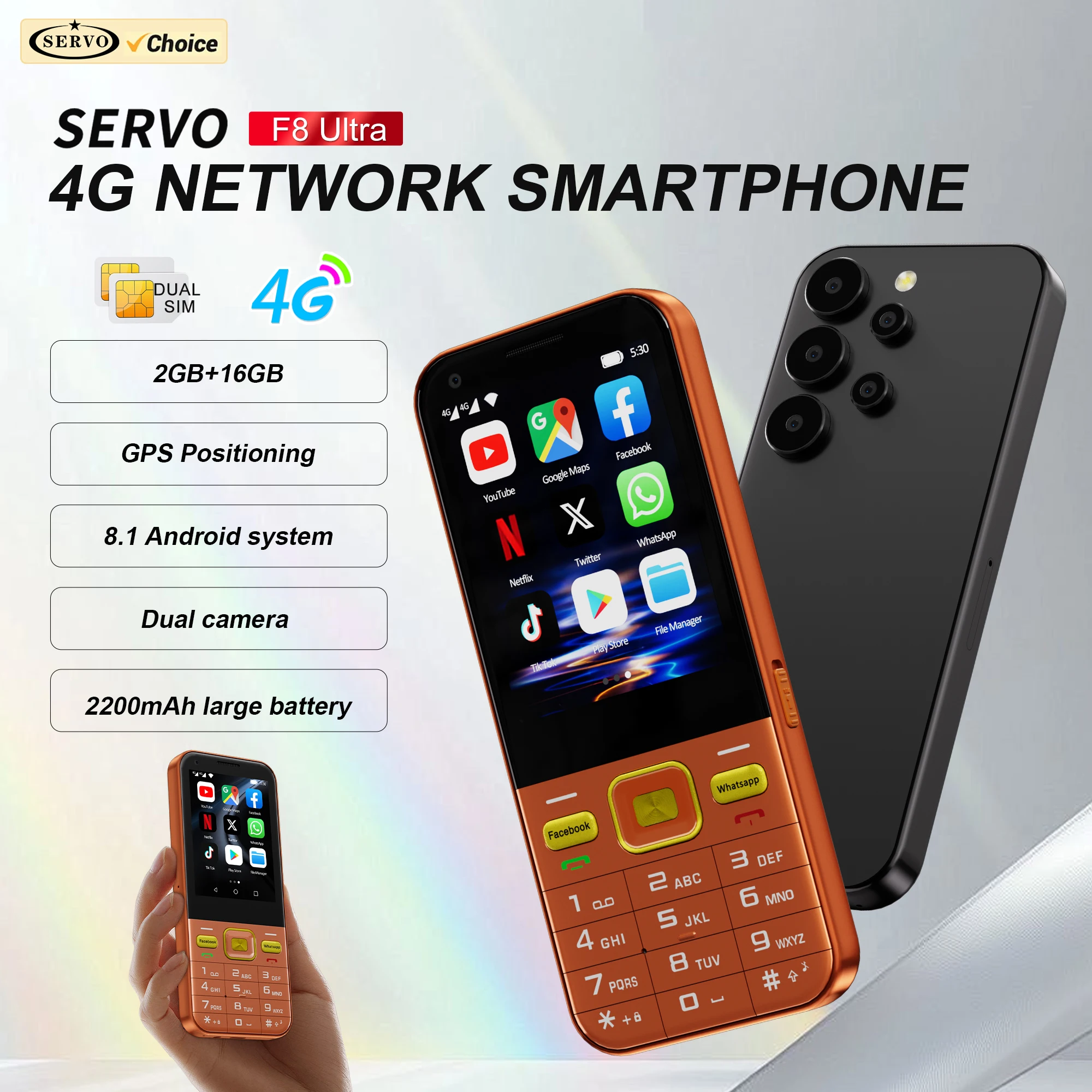 SERVO F8 Ultra Android Touch Smartphone 4G LTE RAM 2GB ROM 16GB Play Store WhatsAPP GPS Dual SIM Card Button Smart Mobile Phones