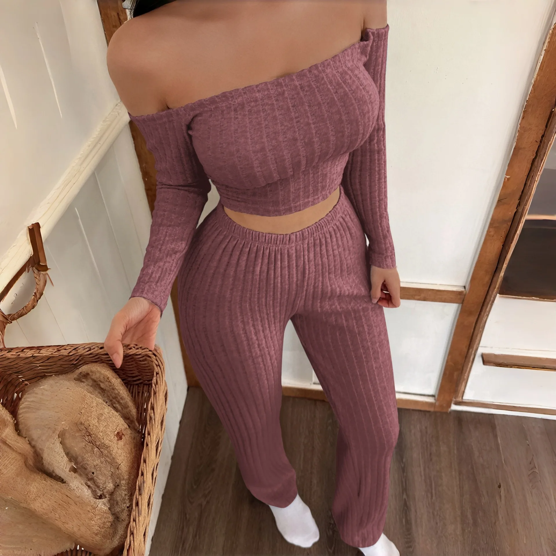 

Women's European-style knitted cotton pullover thick and warm long-sleeved pants pajama home wear set for autumn and winter