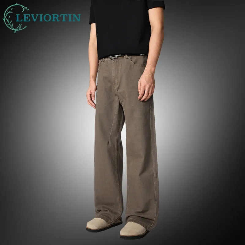 

Мужские свободные прямые брюки-карго из 100% хлопка в стиле ретро коричневого цвета с высокой талией и широкими штанинами, рабочая одежда, повседневные удобные брюки