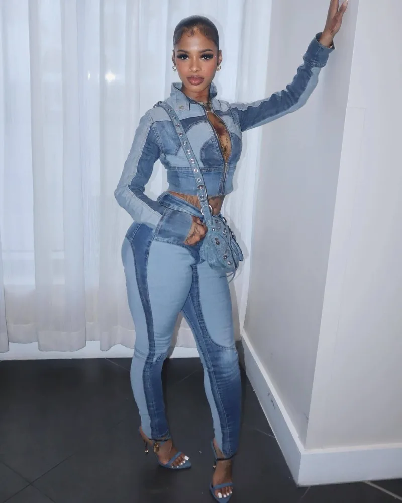 Color Patchwork Denim 2 Piece Set Stand Collar Long Sleeve Zipper Jackets Tops + Button Fly High Waist Pencil Pants Jeans Suits