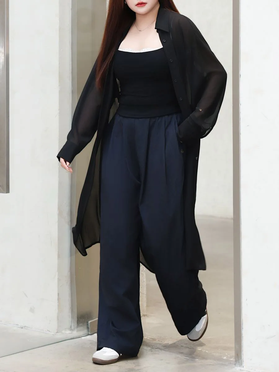 Pleated Casual Wide Leg Full Length Pants Plus Size Women Summer 2024 Good Quality Thin Cool Loose High Waist Straight Trousers