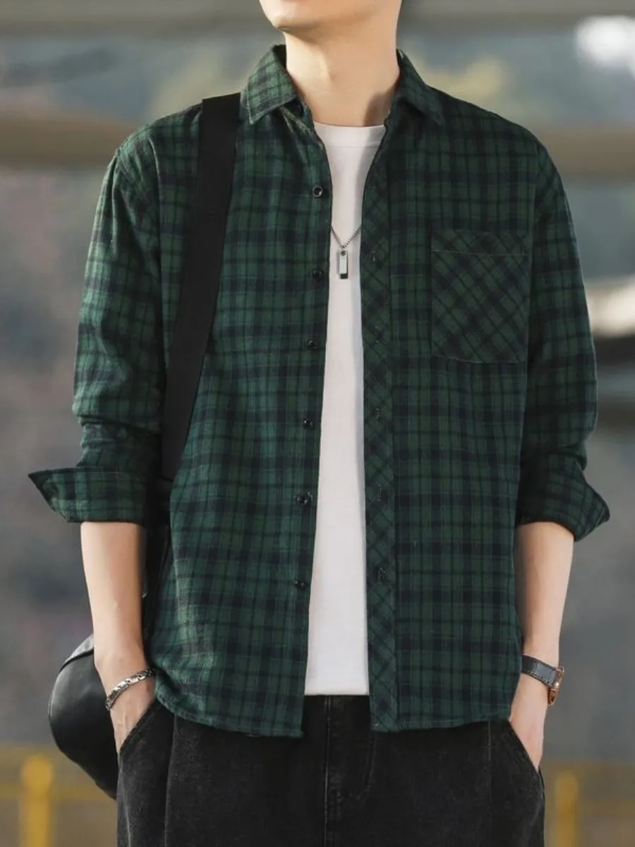 

Retro Plaid Men's Shirt Thin Long Sleeve Loose Fit Spring Autumn Fashionable Outerwear Collar City Walk Casual Shirt