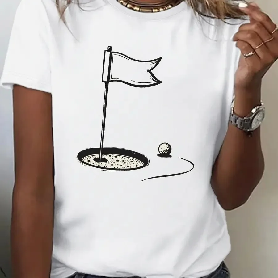 Women's T-Shirt with Flag and Ball Path Design - Breathable Lightweight Course Graphic Tee - All-in-One Swing Path and Flagstic