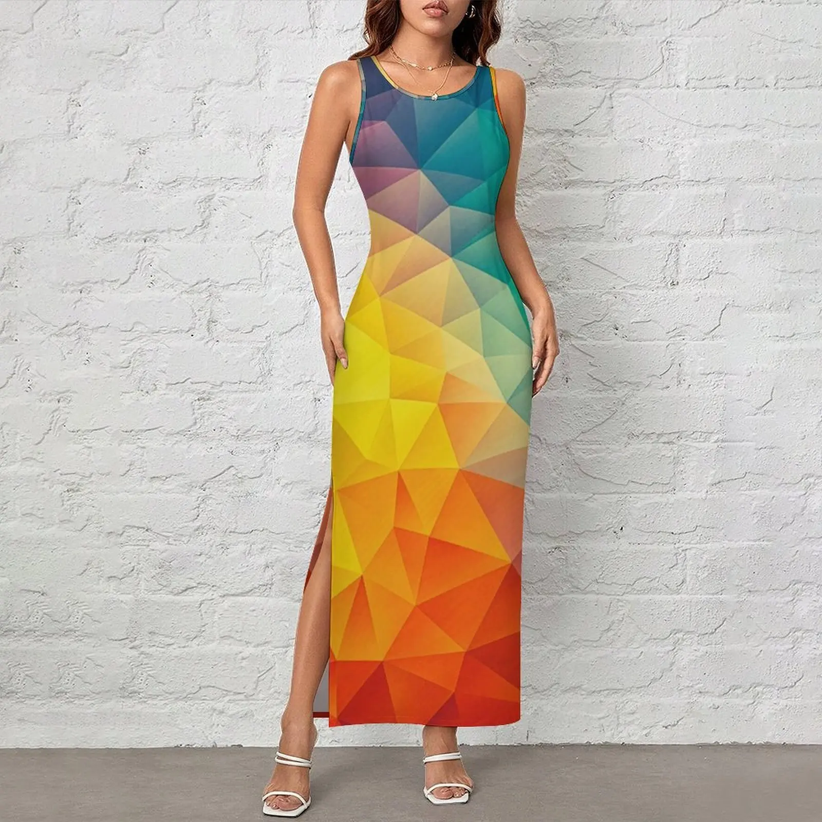 Multi Abstract Geometry Dress Sleeveless Cubizm Painting Street Maxi Dresses Retro Bodycon Dress Women Design Oversized Clothing
