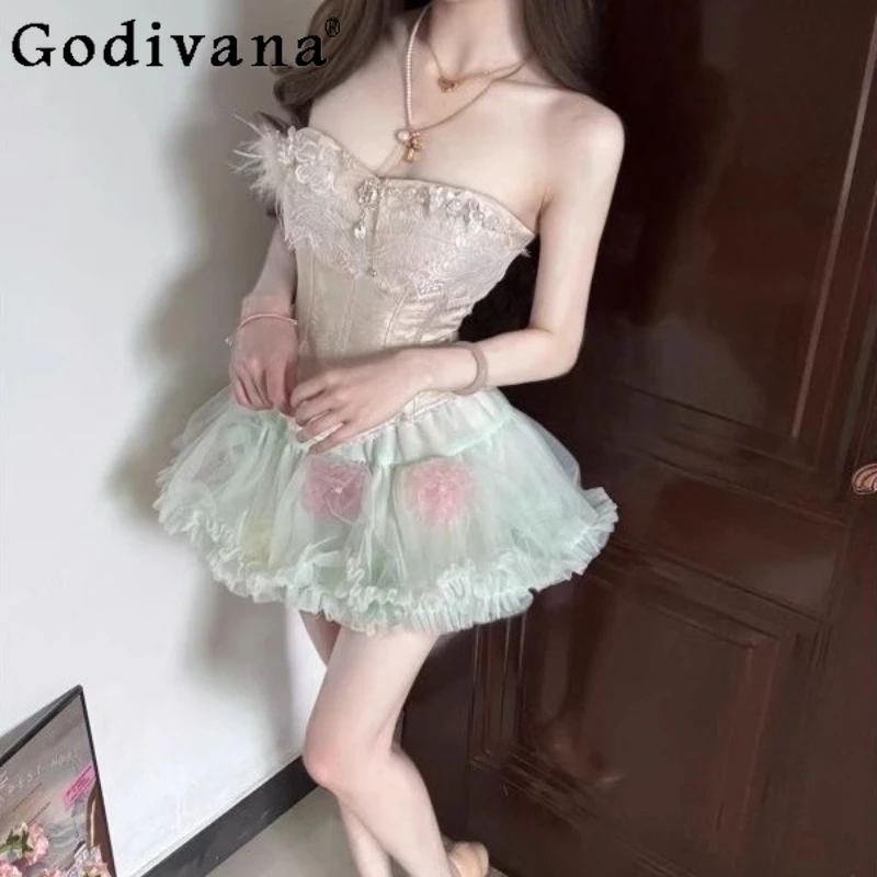 

French Style Sexy Skirt Outfits Women Strapless Jacquard Camisole Top High Waist Skirt Set Female Japanese Lolita Style Suits