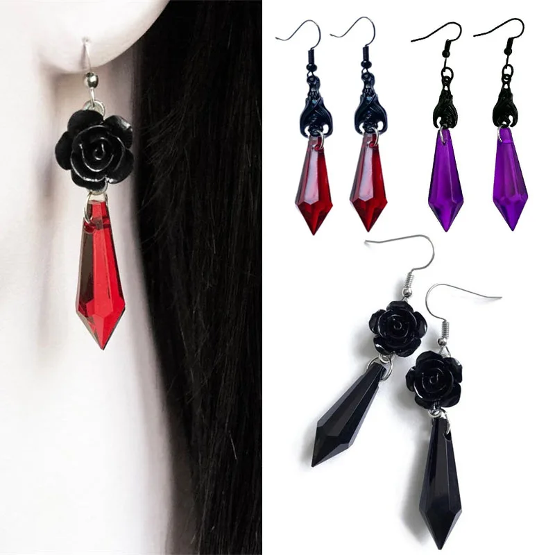 

Woman Goth Earrings Darkness Vampire Bat Drop Earrings Black Red Crystal Gothic Jewelry Halloween Cosplay Punk Rose Ear Hoops
