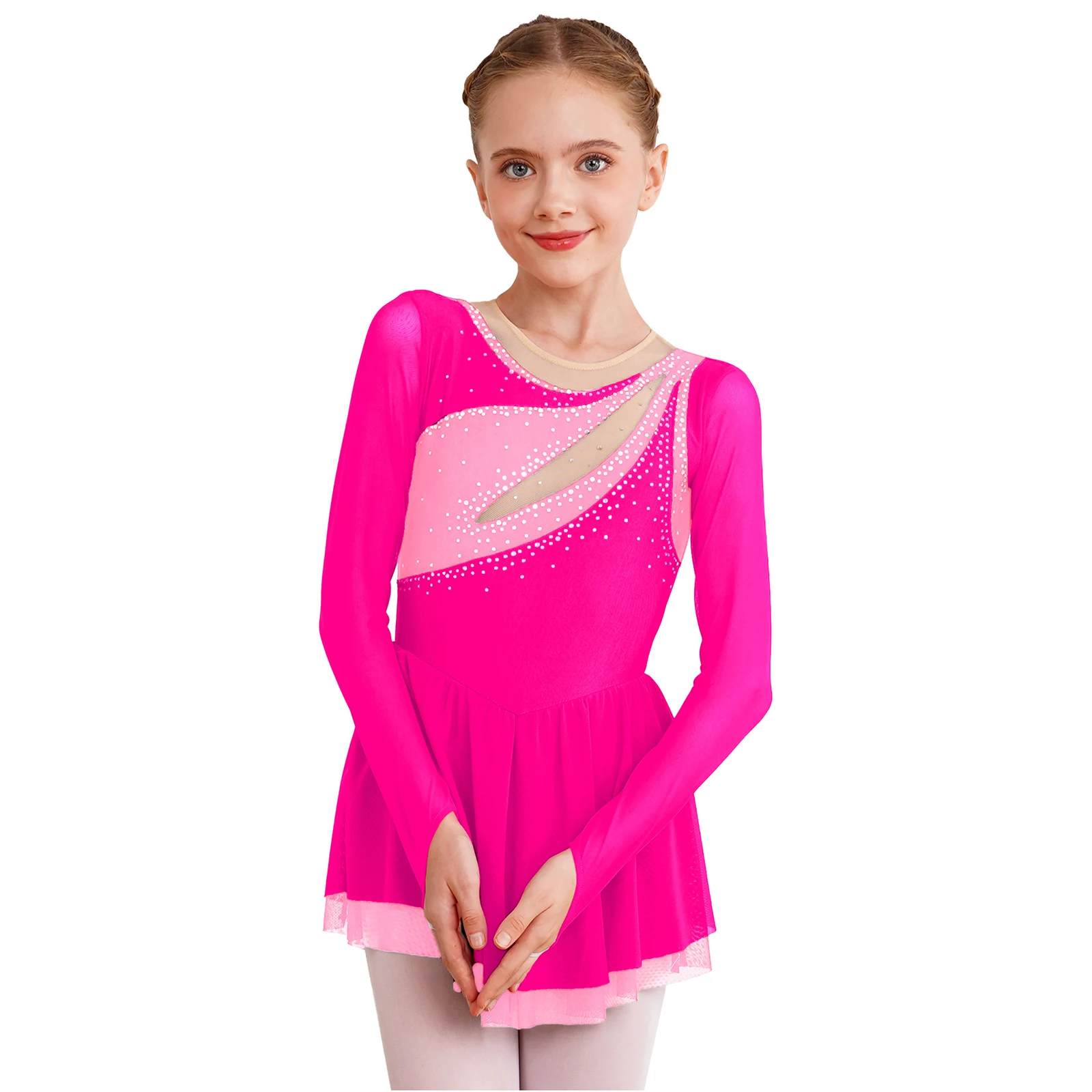 Kids Girls Ballet Dance body Dress Color Block Dancewear Glittery strass Sheer Mesh manica lunga abiti da pattinaggio artistico