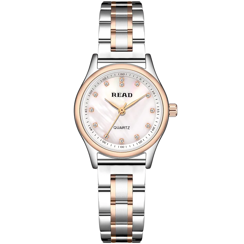 READ Women Quartz Watch | Shell Dial Crystal Index | Two‑Tone Steel Bracelet | 30M Water Resistant Butterfly Clasp Watch