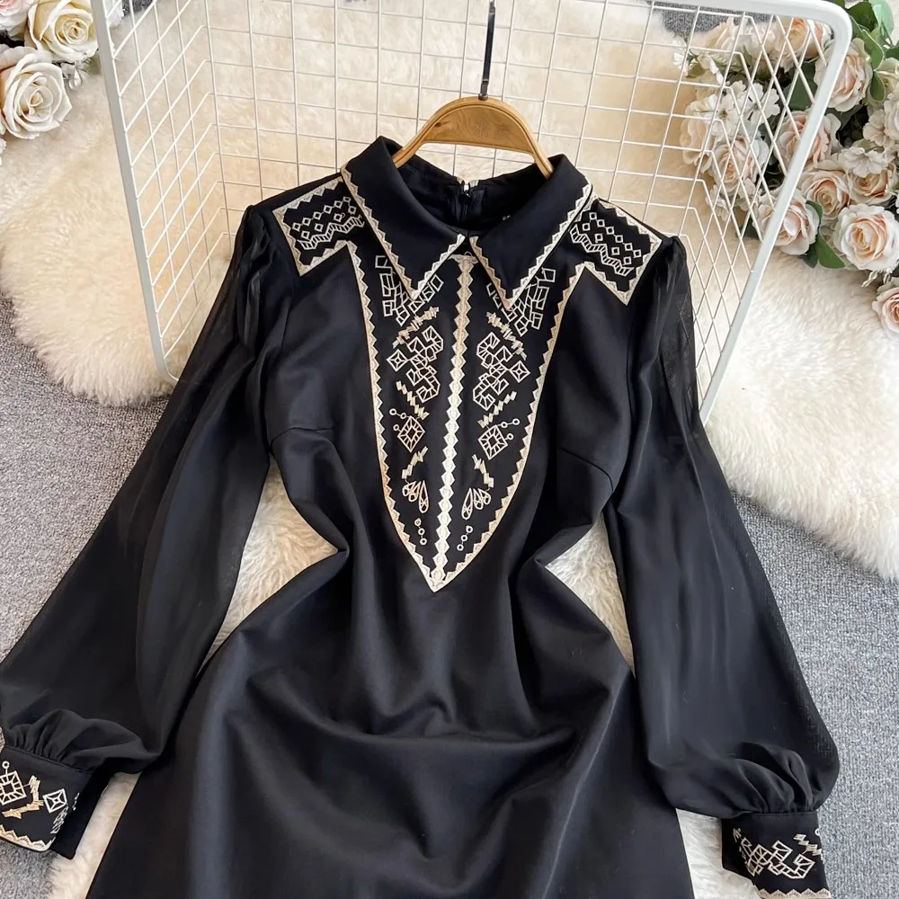 New Vintage Autumn Black Mesh Long Sleeve Dress Luxury Women Lapel Gold Thread Embroidery Ladies Office A Line Knee Clothing