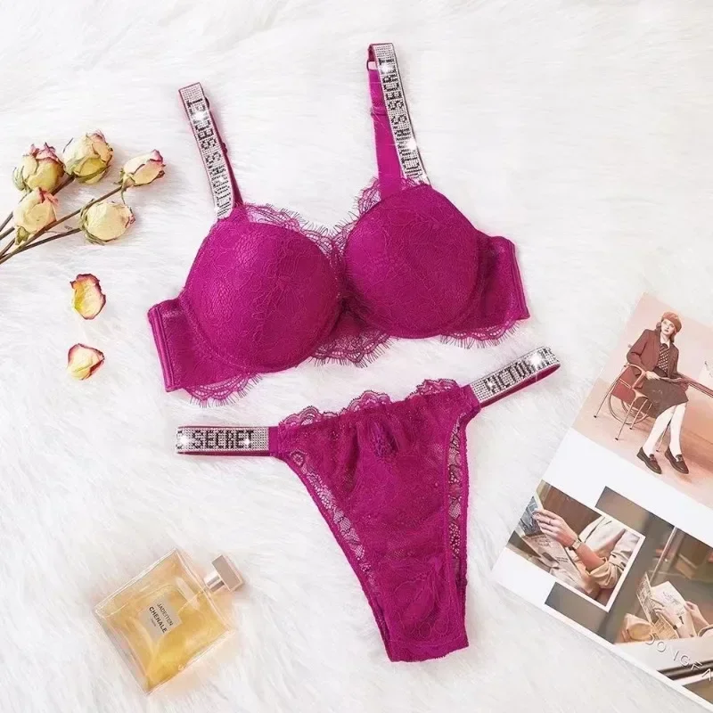 Conjunto de lencería clásica para mujer, conjunto de sujetador y bragas Sexy con adorno de encaje, transpirable, acolchado, suave, Victoria's Secret, novedad de 2024