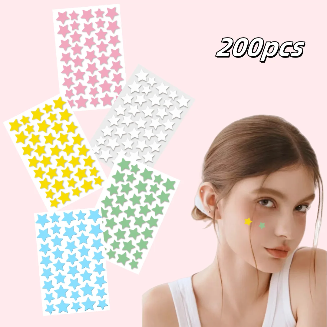 200Pcs 5 Colors, Star-Shaped Design, Hydrogel Acne Patches, 4 Sizes, Blemish Patches, Skin-Friendly, Waterproof, Day & Night Use