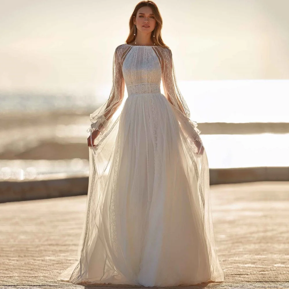 

Customized Boho A Line Wedding Dress Lace Long Sleeve Bride Gowns Backless Tulle Illusion Simple New Vestidos De Novia