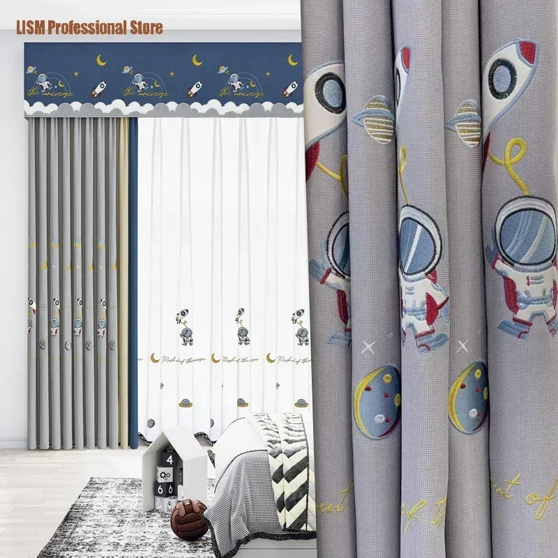 Children's Room Astronaut Spaceship Embroidered Grey Blue Curtains For Living Room Cartoon Planet Window Blackout Tulle Custom
