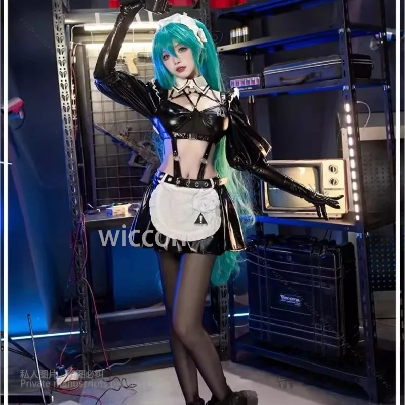 Disfraz de Cosplay de Anime Mikuu, vestido Sexy de cuero Pu para sirvienta, traje de batalla, pelucas, conjunto completo para mujeres y niñas, fiesta de Carnaval de Halloween personalizada