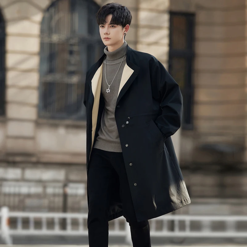 

Spring Autumn Medium Long Trench Coat Men Fashion Contrast Color Windbreaker Black/Khaki Handsome Overcoat Casual Jackets