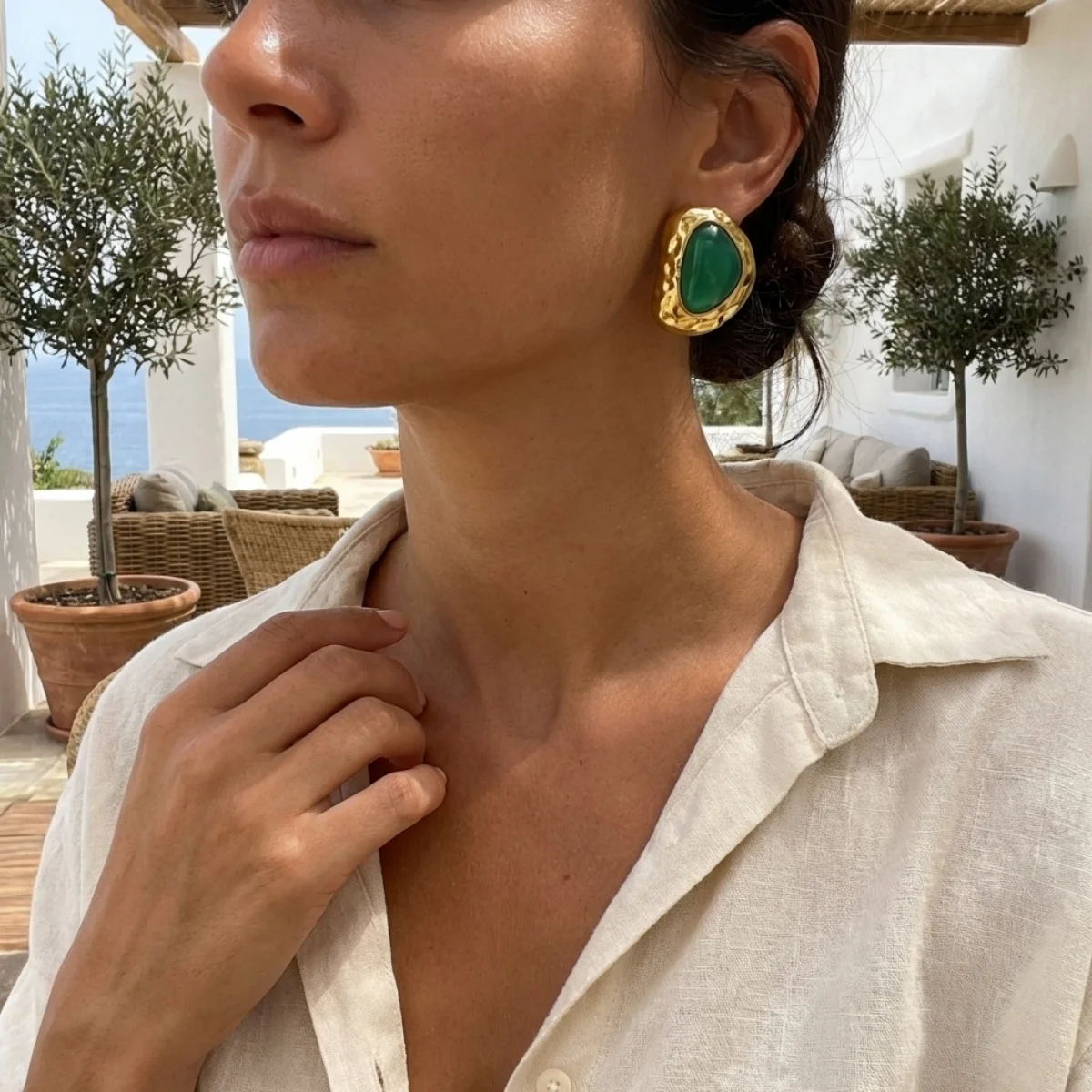Vintage-Ohrstecker aus Edelstahl mit grünem Harz, unregelmäßig geformt, für Damen und Herren, minimalistischer, strukturierter, geometrischer Ohrring, eleganter Schmuck – Detail 9