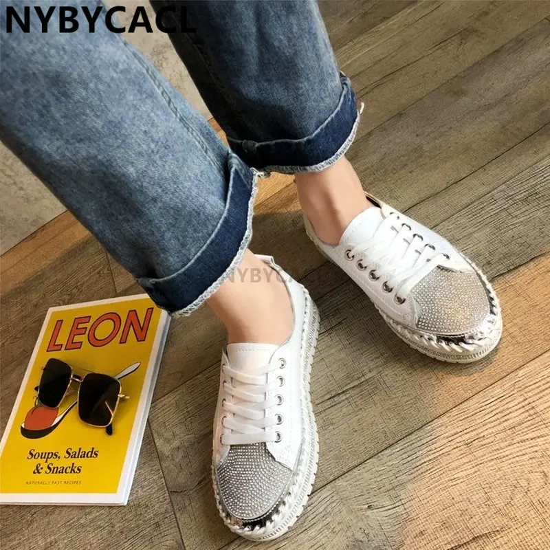New Crystals Diamonds Women Flats Bling Flat Platform Shoes Rhinestone Ladies Round Lace-up Fashion Casual Shoes flattie platfor