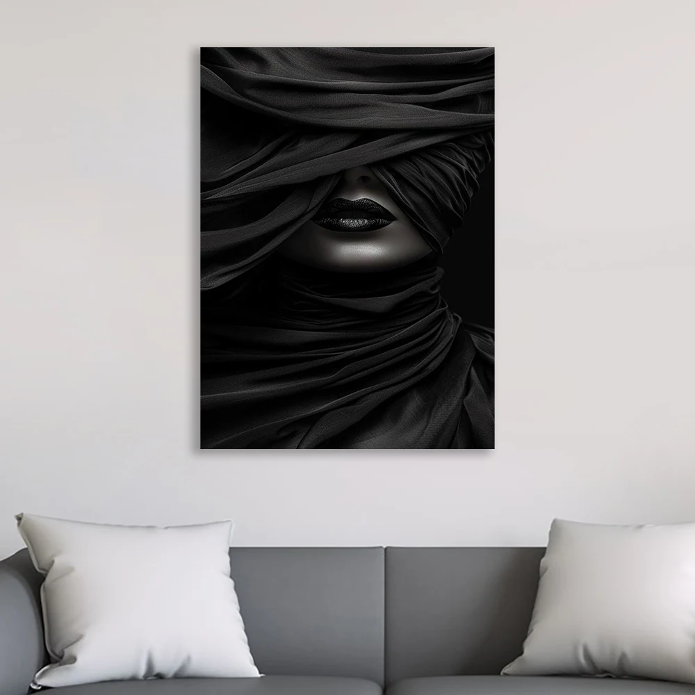 غامض الحجاب الأسود صورة قماش اللوحة مجردة امرأة الوجه الفن يطبع الظلام بريق جدار ديكور مودي أحادية اللون ملصق