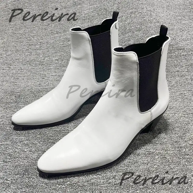 Pointy Toe 6CM High Heel Chelsea Boots for Men Autumn Winter Black White Genuine Leather Short Boots Trendy Business Dress Shoes