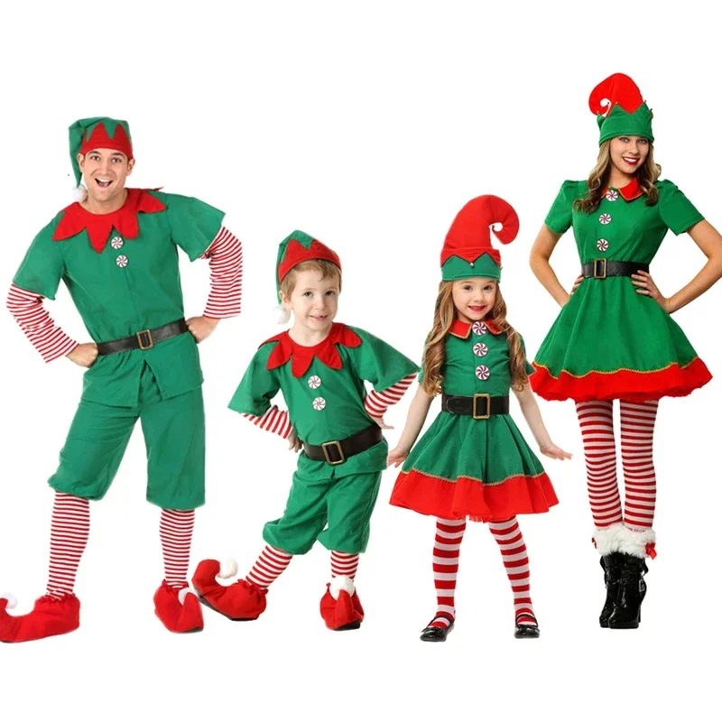 Natal Santa Claus Green Elf Cosplay Traje, Festa de Carnaval Familiar, Ano Novo, Vestido extravagante, Conjunto de roupas, Homens, Mulheres, Meninas, Meninos