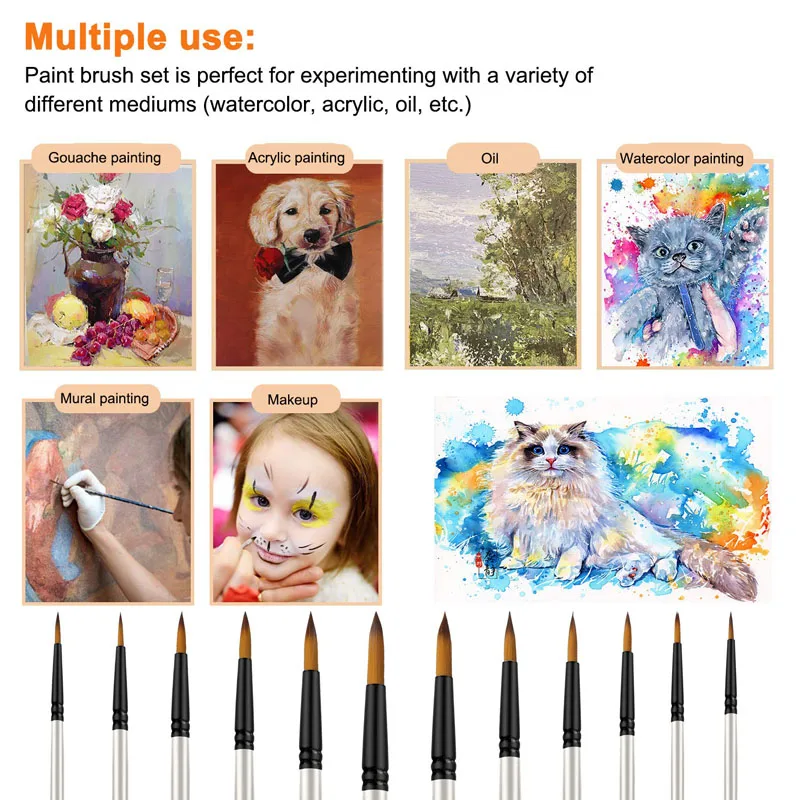 Premium Round Point Paint Brushes Set, Soft Nylon Dicas, pincel para aquarela, óleo, acrílico, rosto, corpo, artesanato, pintura rupestre, 12pcs