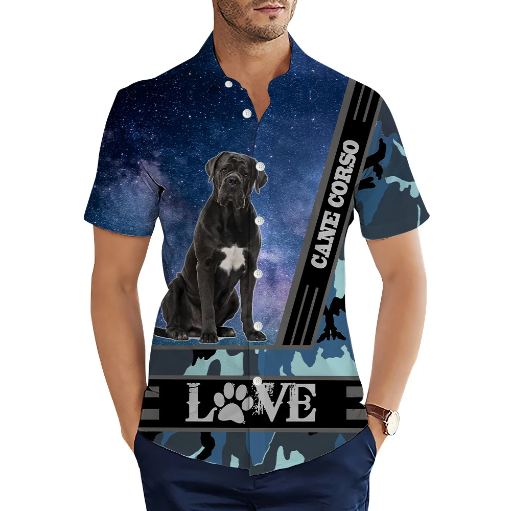 HX Moda Masculina Camisas Animais Amor Cane Corso Céu Estrelado Impresso Camisa Casual Verão Camisas de Manga Curta para Roupas Masculinas