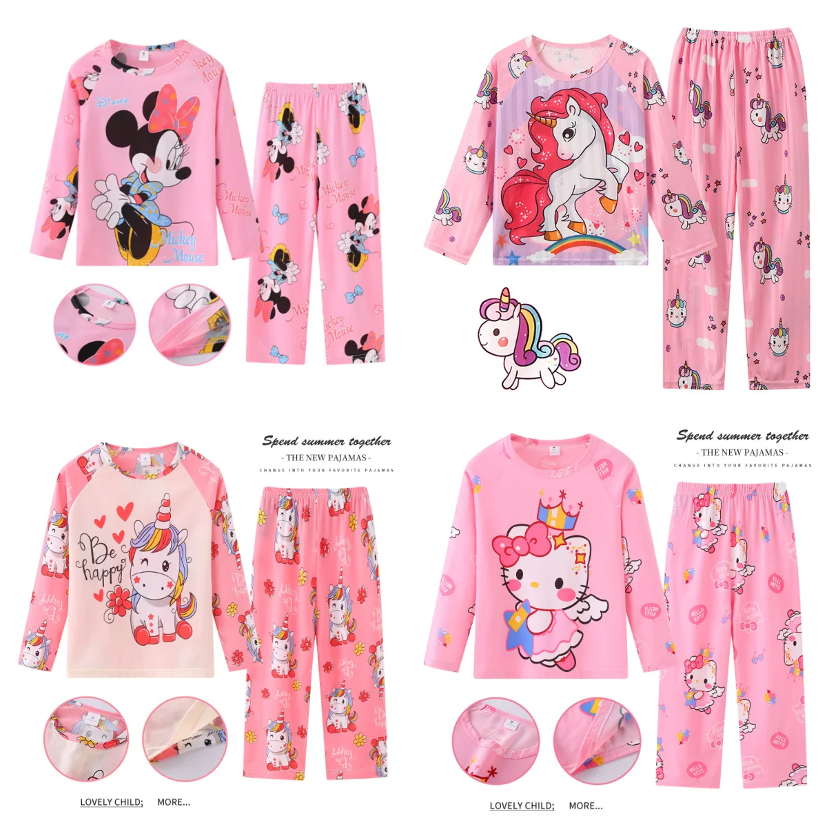 Hot Spring Autumn Long sleeved Kid's suit Pink series Minnie Unicorn Sleepwear clothing Pajama and pajama Suit for Kid's gift