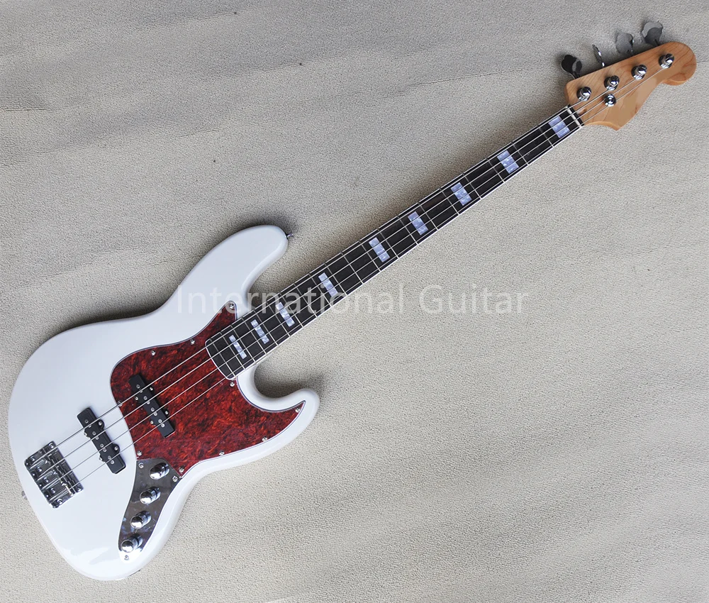 White 4 Strings Electric Bass Guitar with Rosewood Fretboard, Red Pickguard,Customizable