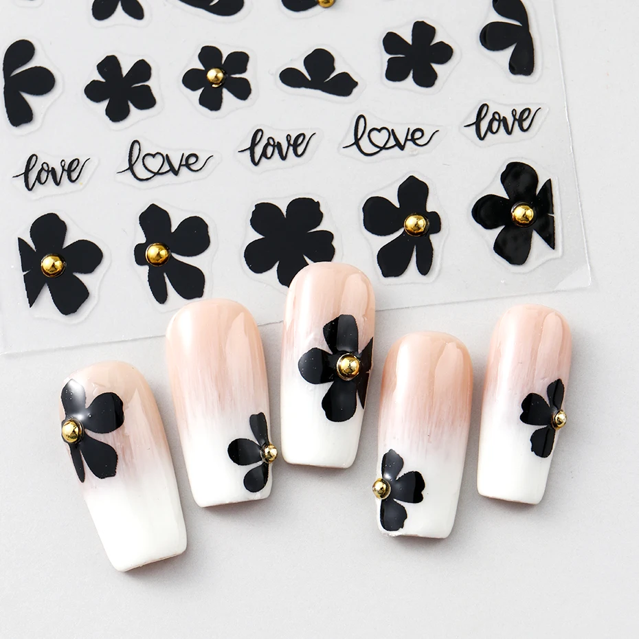 2 pezzi 3D fiore nero adesivi per unghie decalcomanie fiori semplici perline dorate nail art adesivo gel cursori lamina di tatuaggio decorazione manicure