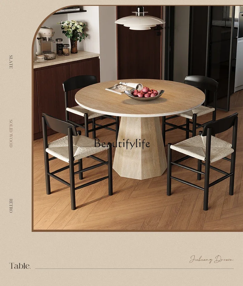 

3Nordic Travertine Stone Dining Table for Home Use, Round Small Apartment Vintage Round Table, Wabi-Sabi Style