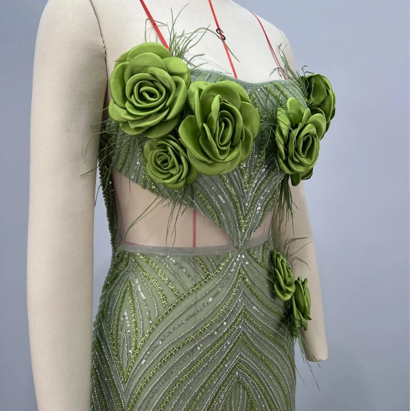 Verde oliva elegante vestido sereia cintilante sem alças sem costas flores sexy corte bodycon bandagem vestido de noite