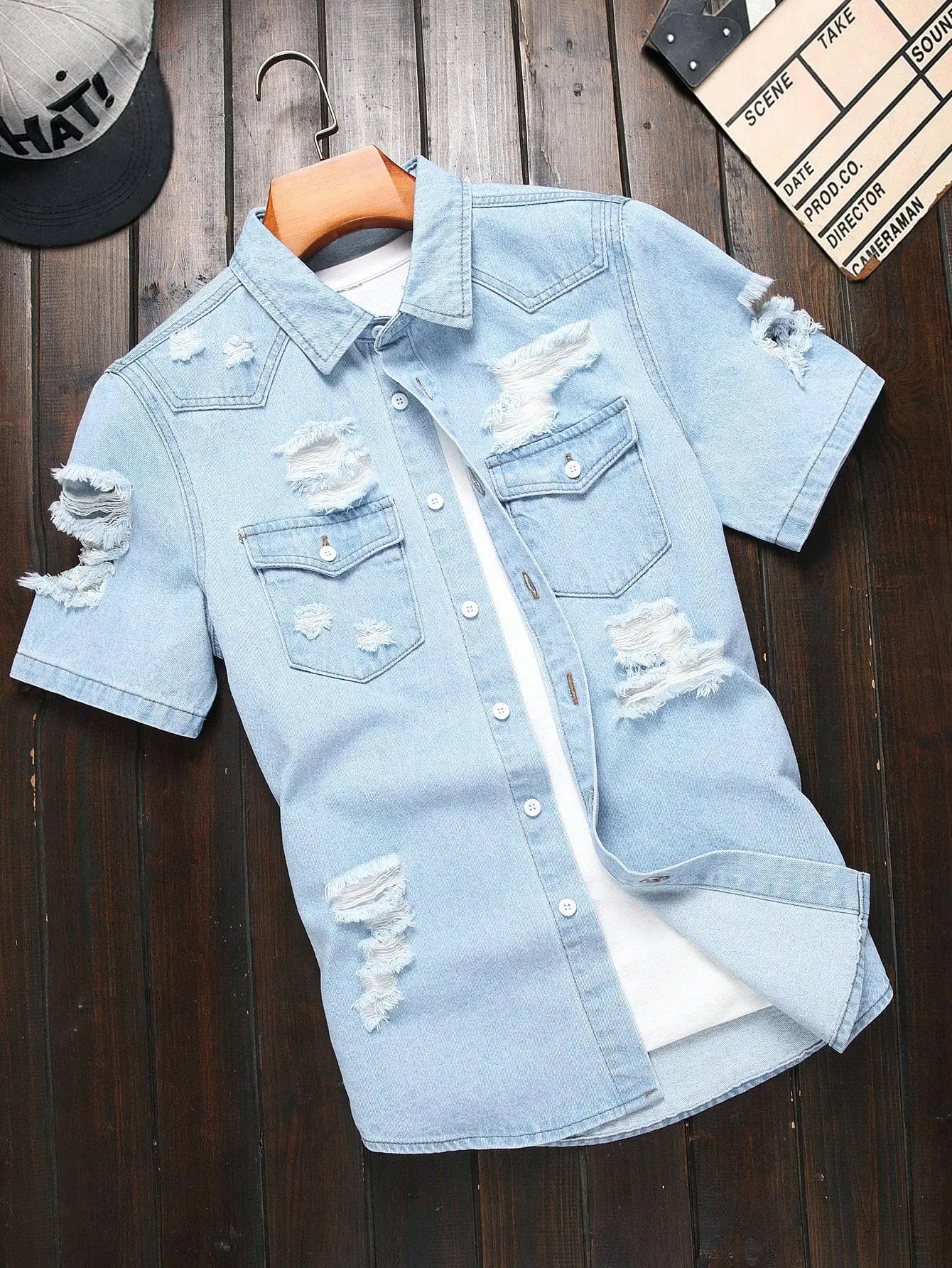 Men's Summer Denim Short-Sleeve Shirt. Ripped, Retro Style. Street Fashion. Daily Casual.