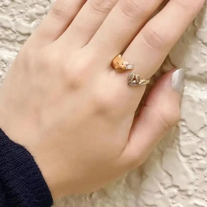 Anillo de cobre con forma de ardilla y girasol para hombre y mujer, sortija ajustable, ideal para regalo diario, 1 unidad