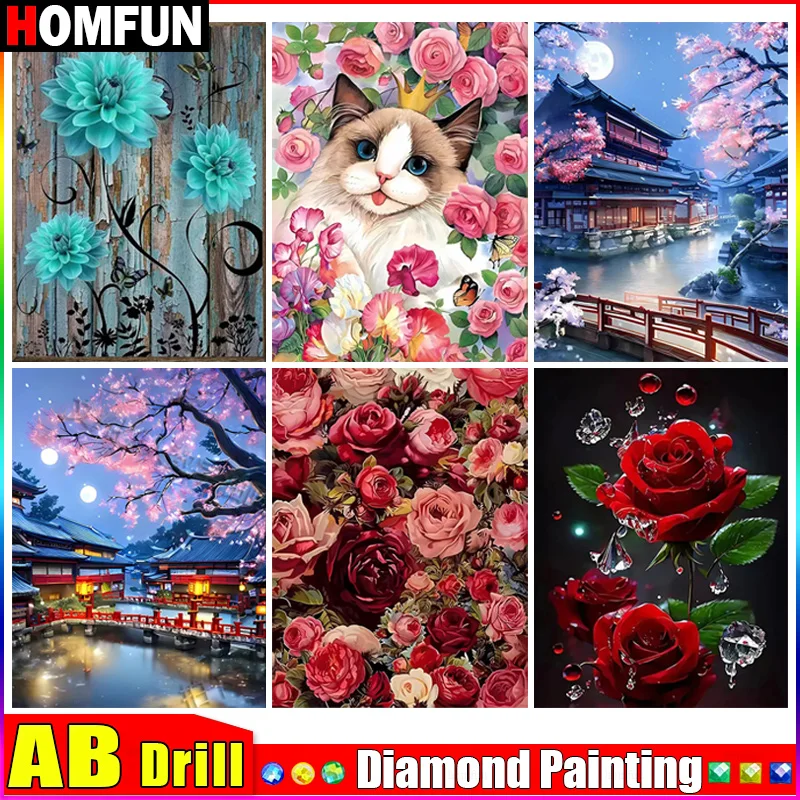 HOMFUN-Pintura Diamante com Diamante Bordado, Cenário Rose Cat, Praça cheia e redonda, Imagem de Rhinestone Decor, AB
